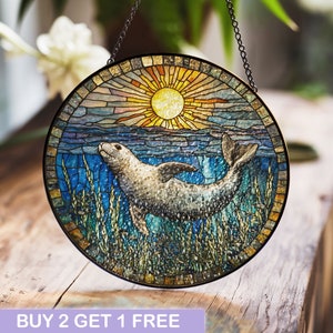 Seal and Sun Stained Glass Window Hanging - Ocean Life Suncatcher with Sunburst