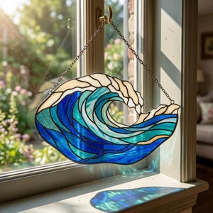 Ocean Wave Stained Glass Suncatcher, Coastal Healing Decor, Beach Lover Gift