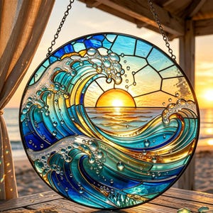 Sea Wave Stained Glass Suncatcher: Sunset Ocean Coastal Window Hanging, Beach House Glass Gift