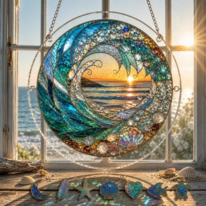 Ocean Wave Puzzle Suncatcher, DIY Acrylic Sun Catcher Puzzle, Coastal Stained Glass Window Hanging, Beach House Decor, Adult Craft Kit
