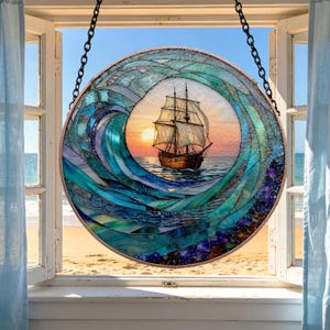 Ocean Wave Stained Glass Suncatcher, Nautical Ship Window Hanging, Coastal Beach House Decor, Sea Lover Gift, Ocean Suncatcher