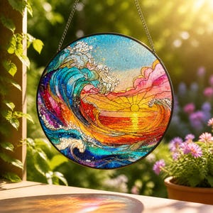 Ocean Wave Stained Glass Suncatcher, Ocean Suncatcher Beach Coastal Glass Wall Art Window Hanging Wedding Gift